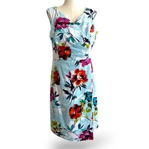 Adrianna Papell Lt Blue Floral Jacquard Sheath Midi Faux Wrap Slvls Sz 16‎ NWT